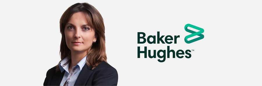 Person in business attire next to Baker Hughes logo on a white background.