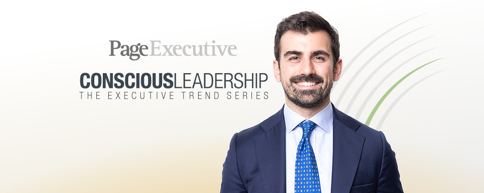 Smiling person in business attire, 'Conscious Leadership' text behind.