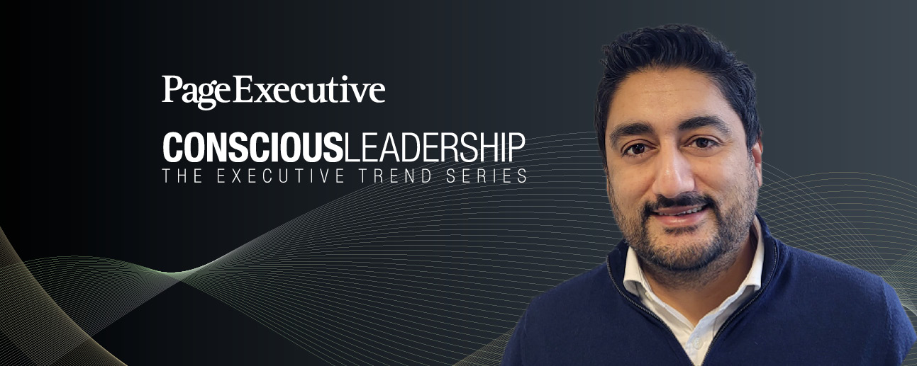 Page Executive: Conscious Leadership series with person smiling against a dark wavy background.