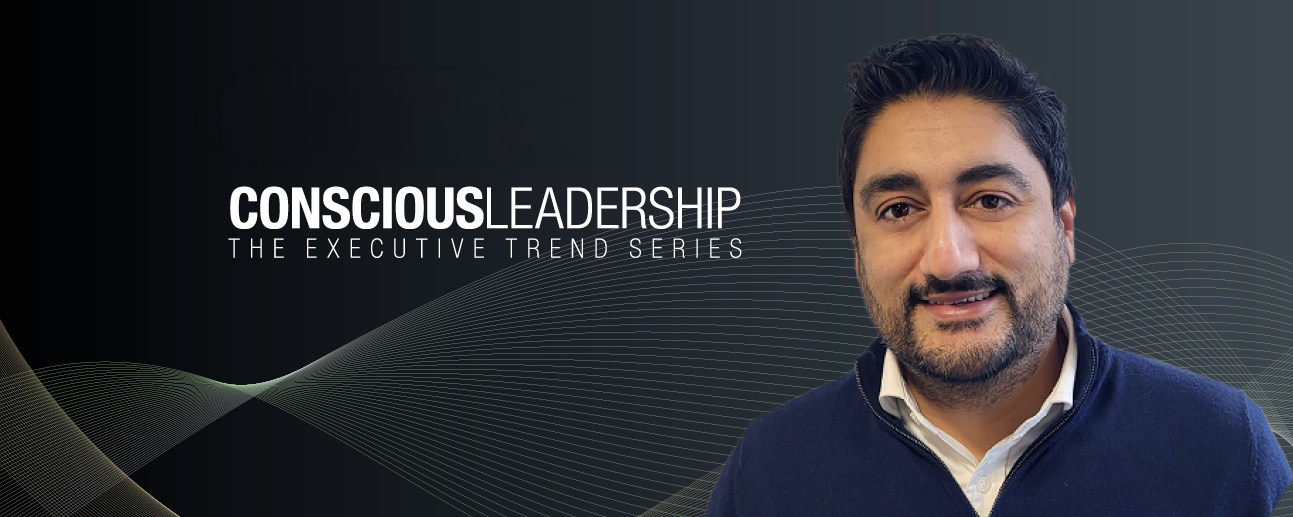 Page Executive: Conscious Leadership series with person smiling against a dark wavy background.