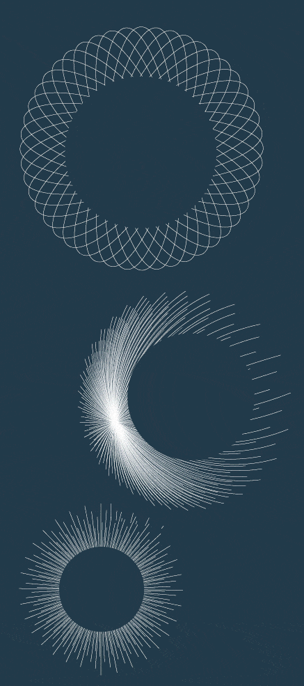 Three intricate geometric patterns on a dark background.