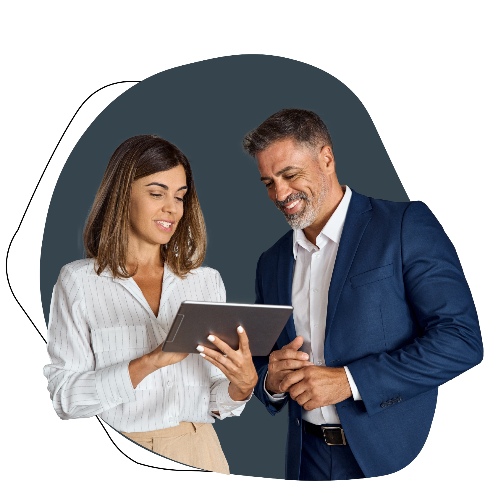 Two people looking at a tablet and discussing it.