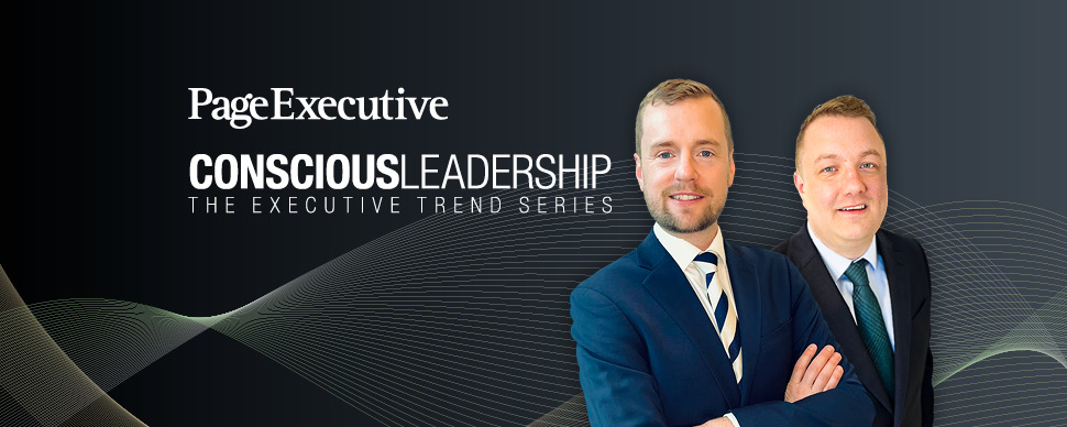 Two people in suits with 'Conscious Leadership' text overlay.