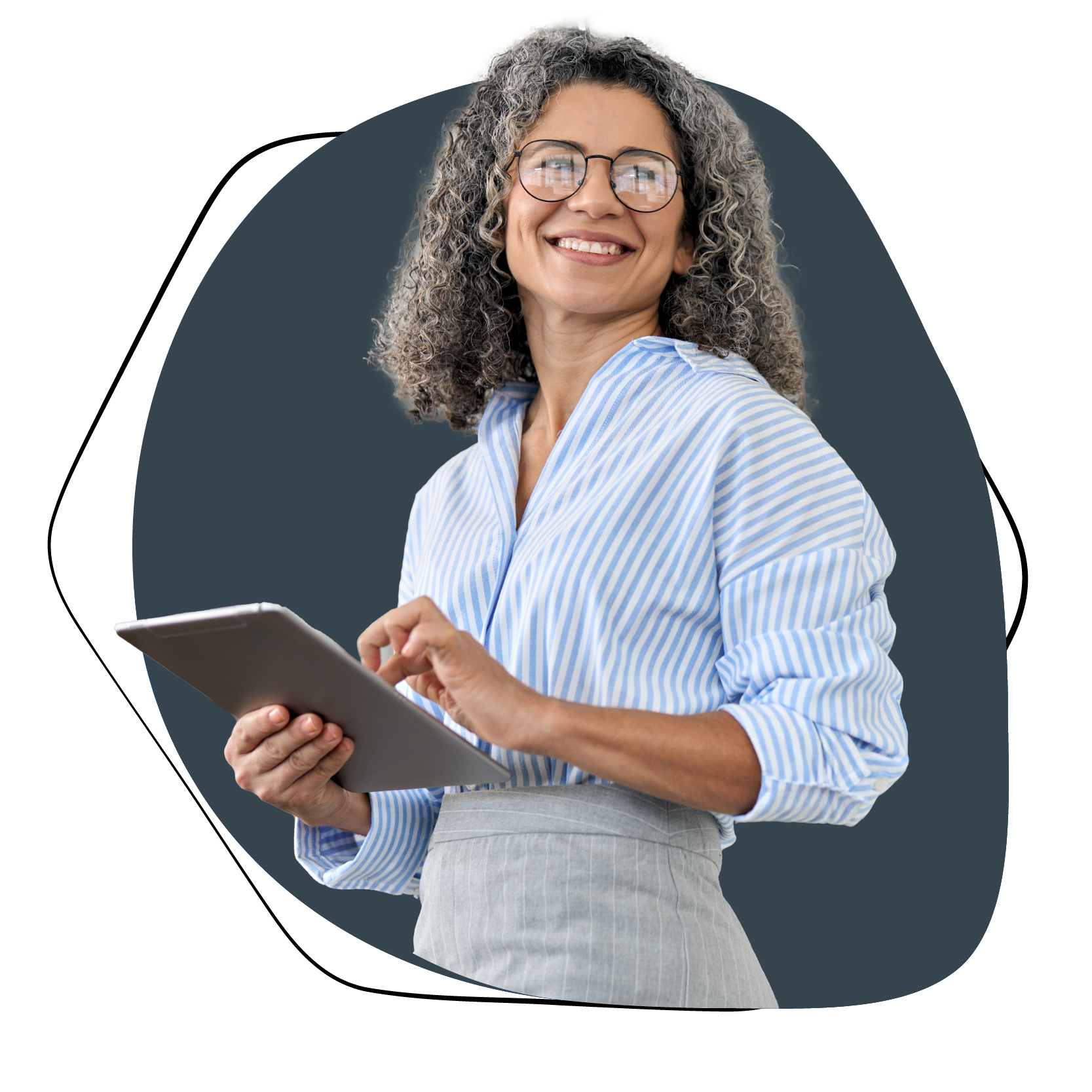 Person smiling and using a tablet, wearing glasses and a blue striped shirt.