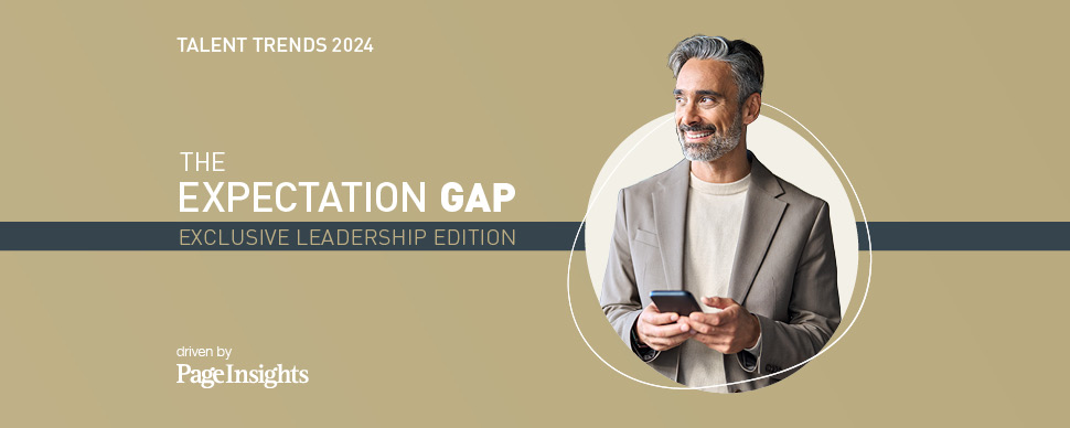 Man with gray hair holding a phone, smiling, alongside text 'The Expectation Gap: Exclusive Leadership Edition'.