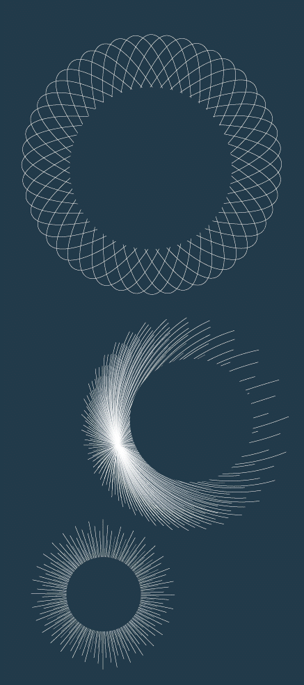 Abstract geometric shapes with spiral and circular patterns on a dark background.
