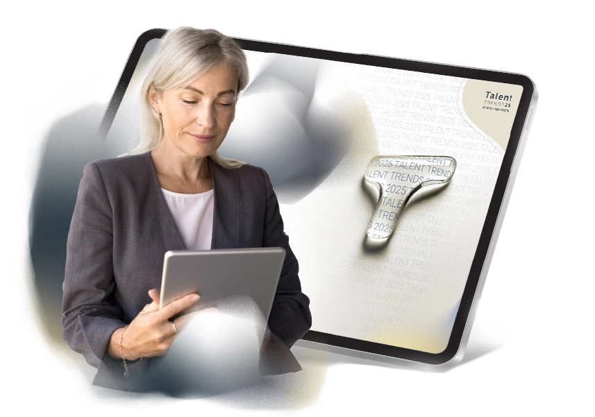 a woman with a tablet in the background with the cover for talent trends 2025