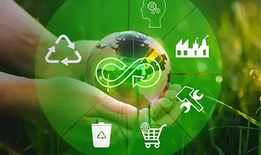 Hands holding a globe surrounded by green circular icons representing sustainability concepts such as recycling, industry, repair, shopping, and waste management.