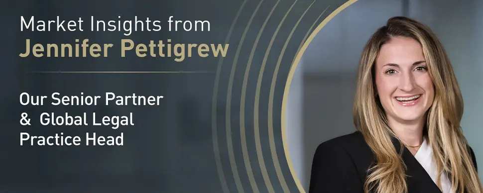 Banner with text: Market Insights from Jennifer Pettigrew, Our Senior Partner for Legal practice.