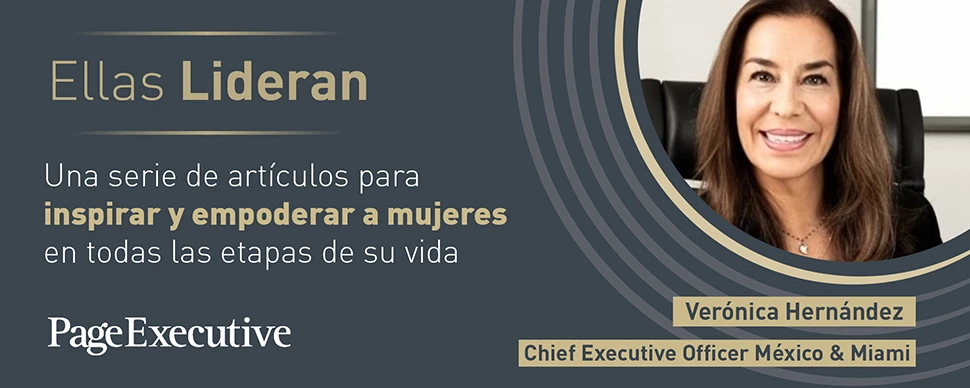 Promotional graphic with the text ‘Ellas Lideran’ and a person seated beside the article information.