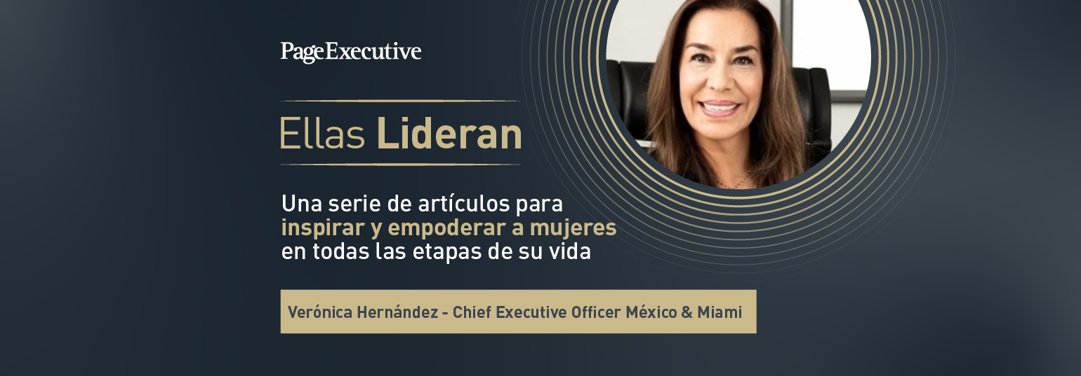 Promotional graphic with the text ‘Ellas Lideran’ and a person seated beside the article information.