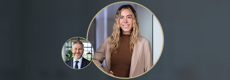 Two portrait photos displayed inside overlapping circular frames on a dark background.