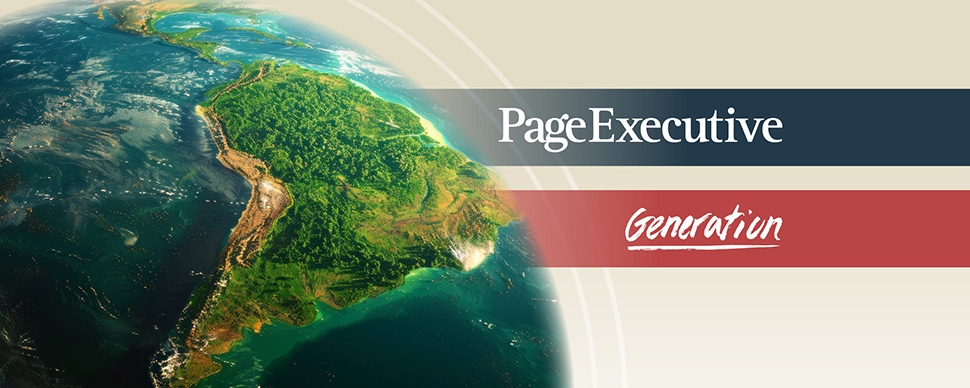 View of South America from space with PageExecutive and Generation branding overlays.