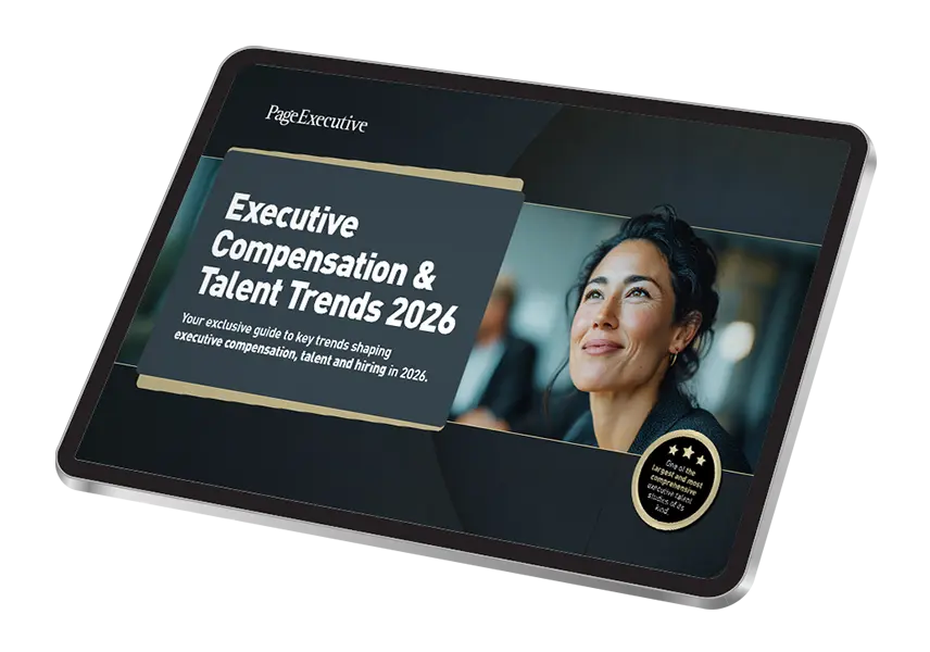 Tablet displaying the report ‘Executive Compensation & Talent Trends 2026’ with a professional portrait on screen.