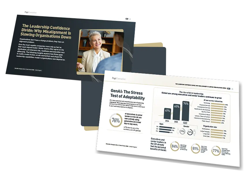 Pages from leadership and workforce reports showing articles, charts, and insights on executive trends.