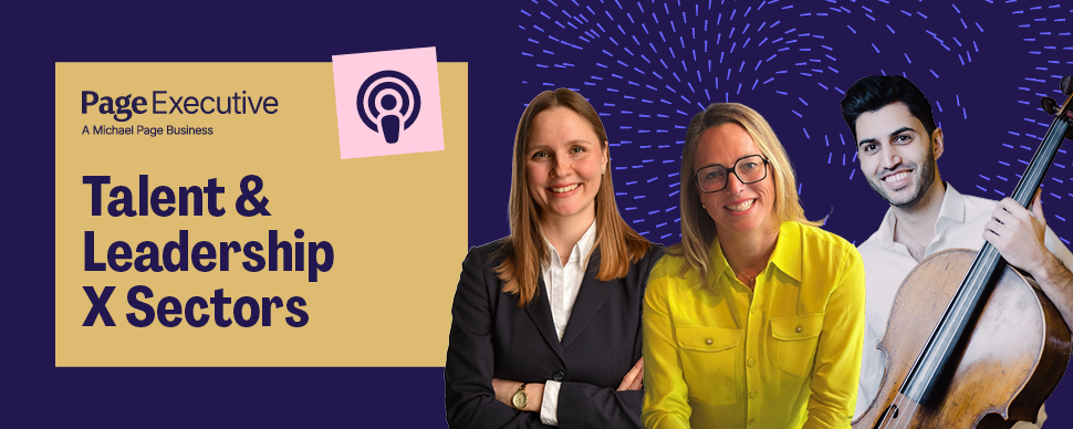 Banner promoting a Talent & Leadership podcast, featuring three professionals and a musical instrument.