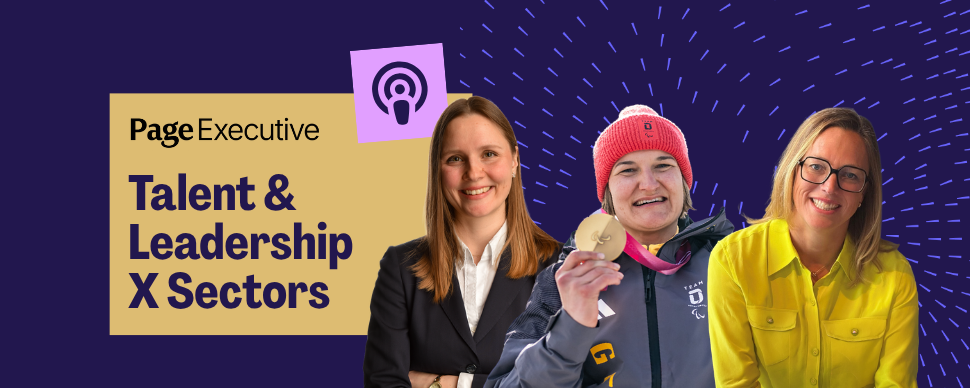 Page Executive Talent & Leadership X Sectors podcast promotional graphic featuring three speakers.