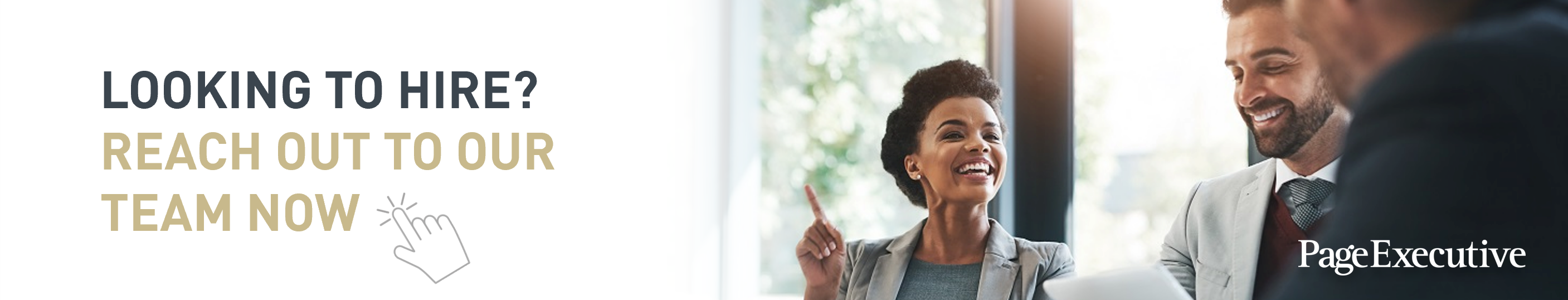 a woman talking to two colleagues next to the title 'looking to hire? reach out to our team'