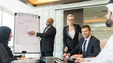 Business meeting with presentation in modern office.