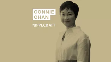 Person in a white shirt with short hair, text reads 'Connie Chan Nippecraft' on a beige background.