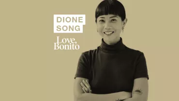 Person smiling with arms crossed in front of text saying 'Dione Song' and 'Love, Bonito'.