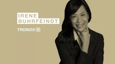 Person smiling in a professional portrait with name and Tronox logo displayed.