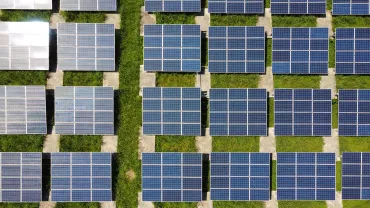 Aerial view of a solar panel field with grass between rows.