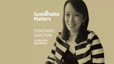 Smiling person wearing striped outfit with 'Sustainable Matters' text.