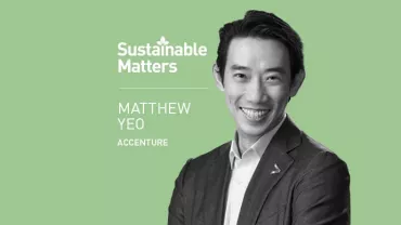 Person smiling in a suit on a green background with the text 'Sustainable Matters' and 'Accenture'.