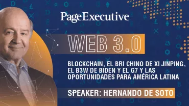 Web 3.0 event featuring discussion on blockchain and global opportunities, with speaker Hernando de Soto.