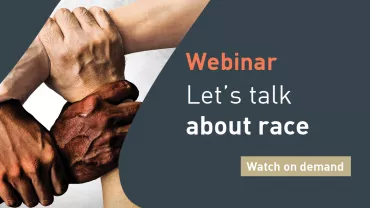 Image of four hands linked together with webinar details on discussing race and a 'Watch on demand' button.