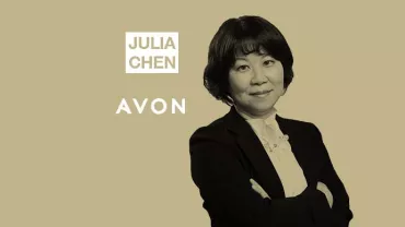 Person standing with arms crossed, text reads 'Julia Chen' and 'Avon'.