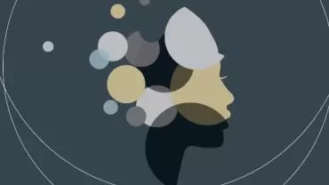 Abstract profile silhouette with overlapping circles on a dark background.