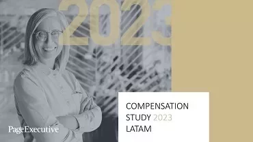 Person smiling with arms crossed, text reads: '2023 Compensation Study LATAM'.