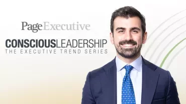 Smiling person in business attire, 'Conscious Leadership' text behind.