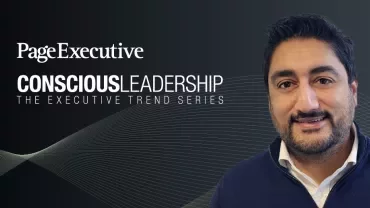 Page Executive: Conscious Leadership series with person smiling against a dark wavy background.