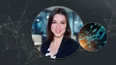 Person smiling with a network-themed background.