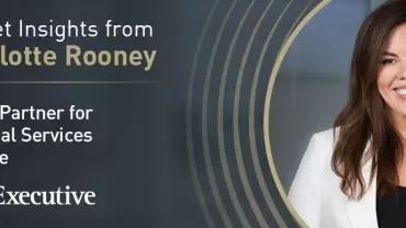 Promotional graphic showing a person standing beside text about market insights for financial services.