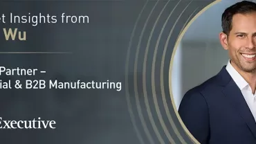 Promotional graphic featuring a person in a suit next to text reading ‘Market Insights from John Wu – Senior Partner – Industrial & B2B Manufacturing,’ with the PageExecutive logo below.