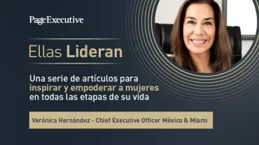 Promotional graphic with the text ‘Ellas Lideran’ and a person seated beside the article information.