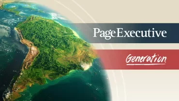 View of South America from space with PageExecutive and Generation branding overlays.
