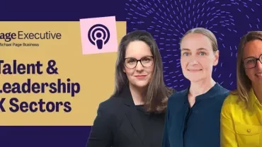 Podcast banner featuring three speakers alongside the title "Talent & Leadership X Sectors"