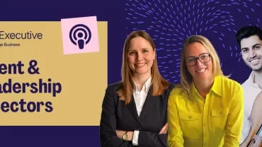 Banner promoting a Talent & Leadership podcast, featuring three professionals and a musical instrument.
