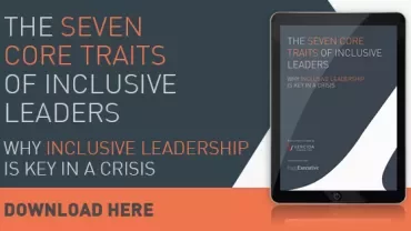 Image of a tablet displaying a guide on inclusive leadership traits during a crisis, with a download prompt.