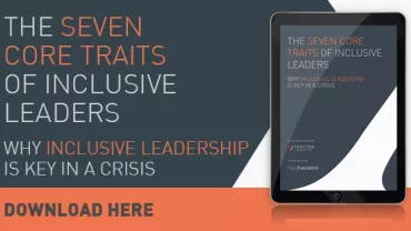Image of a tablet displaying a guide on inclusive leadership traits during a crisis, with a download prompt.