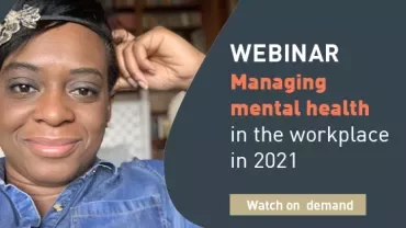 Person smiling, promoting a webinar on managing mental health in the workplace in 2021.