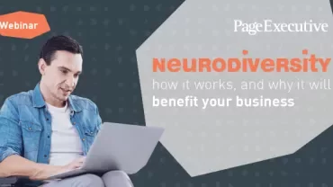 Person using a laptop with text about a webinar on neurodiversity and business benefits.