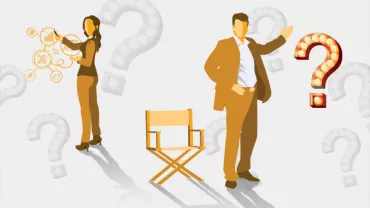 Illustration of two figures, a chair, and question marks in the background.