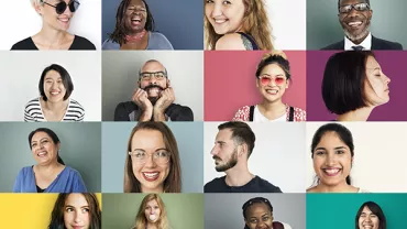 Collage of diverse people smiling against colorful backgrounds.