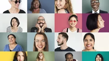 Collage of diverse people smiling against colorful backgrounds.